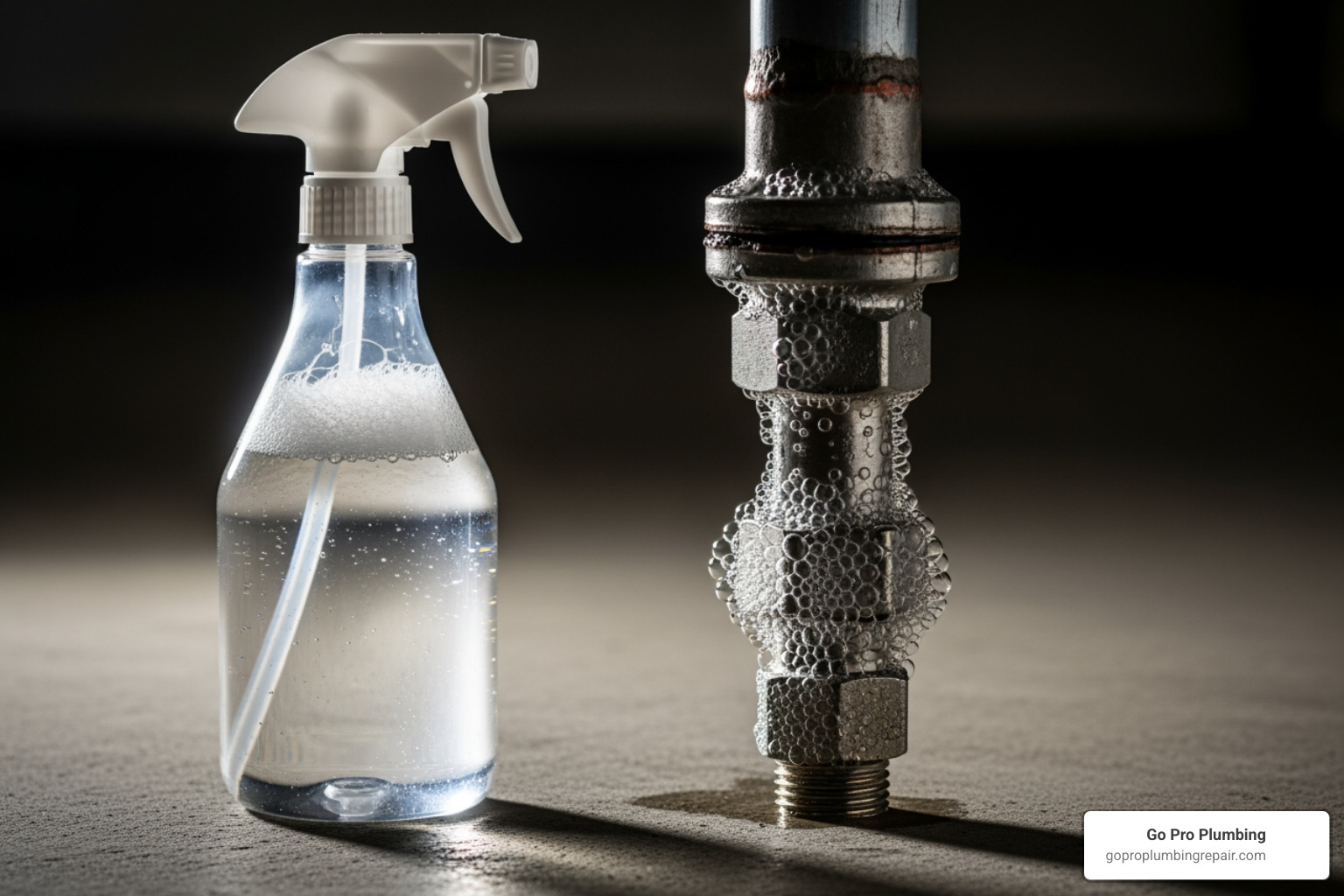 spray bottle with soapy water next to a gas pipe fitting - gas line leak detection