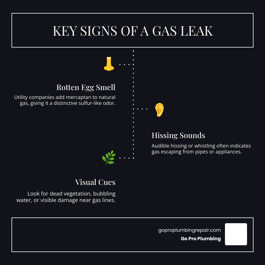 Infographic showing three key signs of a gas leak: a nose icon with wavy lines representing the rotten egg smell, a speaker icon with sound waves for hissing sounds, and dead or yellowing plants near a pipe indicating visual warning signs - gas line leak detection infographic infographic-line-3-steps-dark