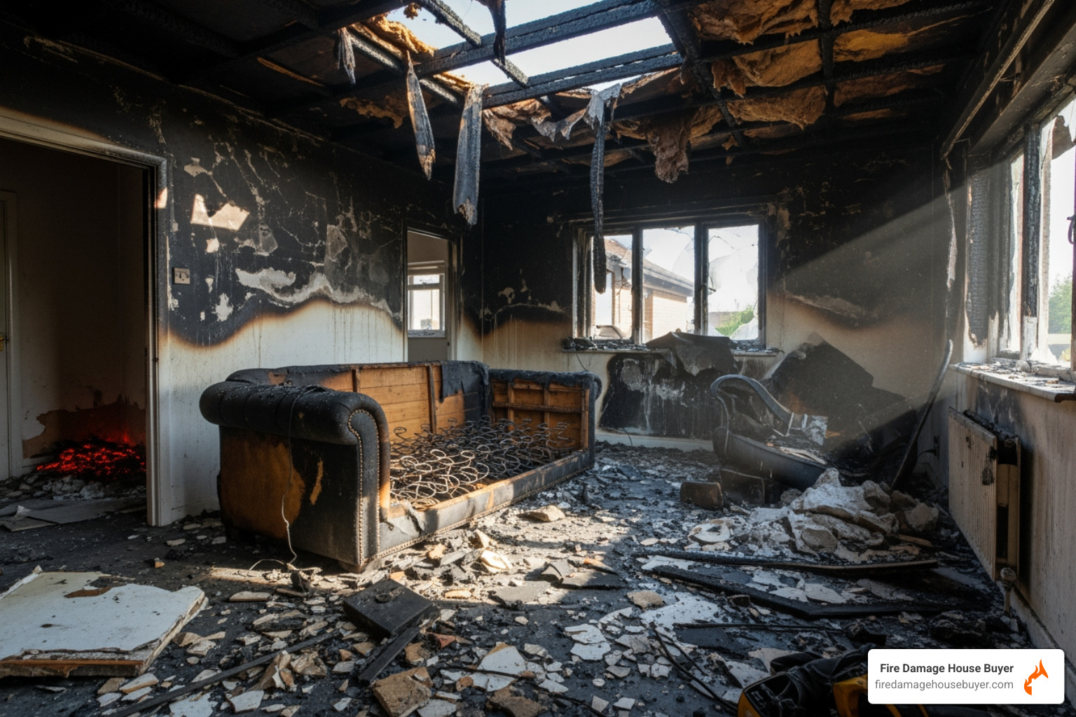 An inside photo of a fire damaged house - average insurance payout for house fire