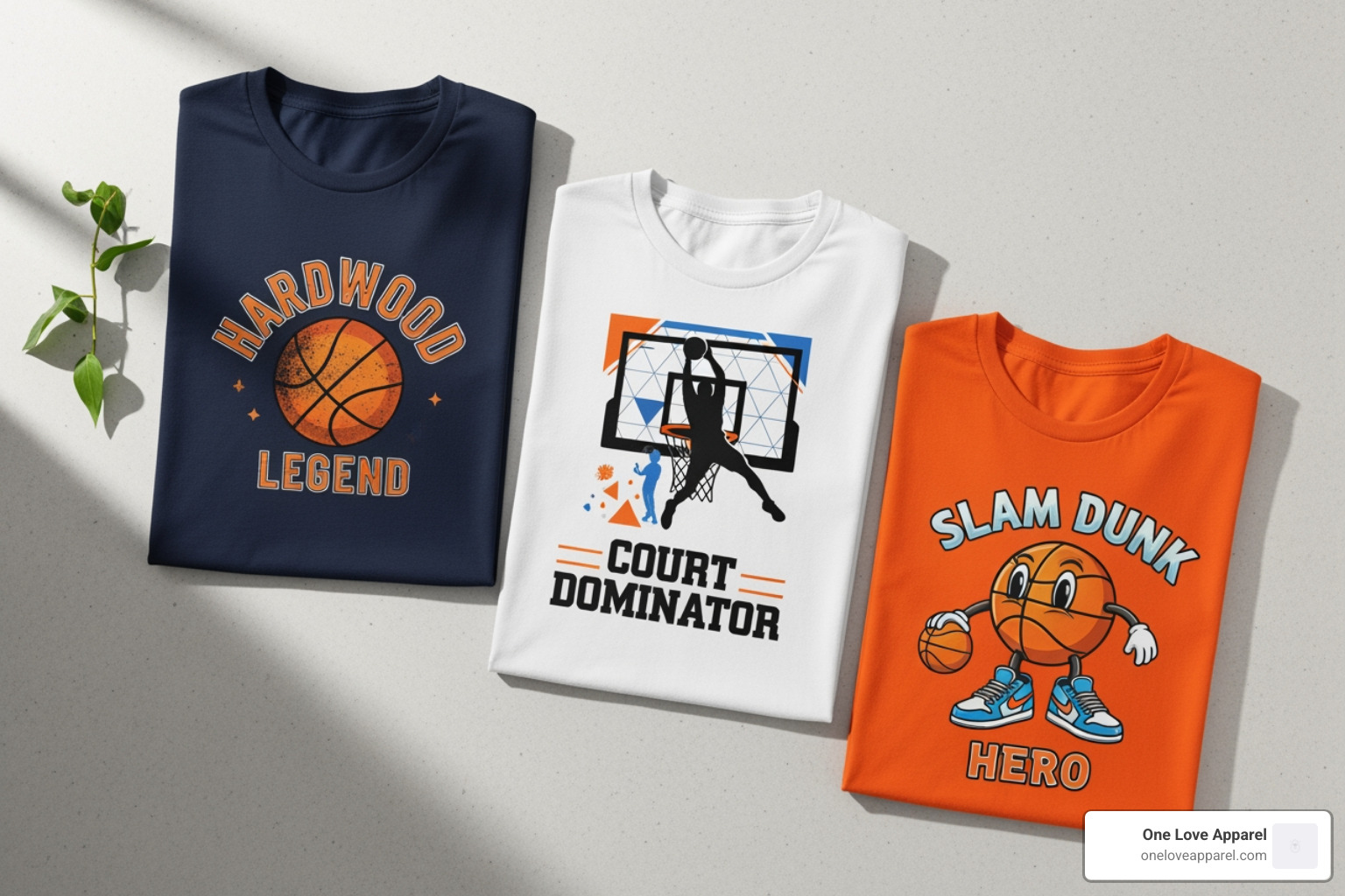 collage featuring different styles of basketball tees from One Love Apparel: a retro-inspired player tee, a modern basketball motif tee, and a championship-inspired tee - basketball graphic t shirts
