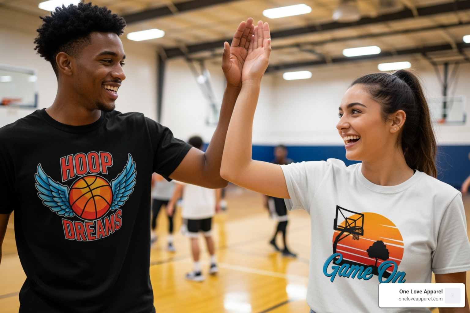 Two friends high-fiving, both wearing stylish basketball graphic t-shirts, connecting over their shared love for the game - basketball graphic t shirts