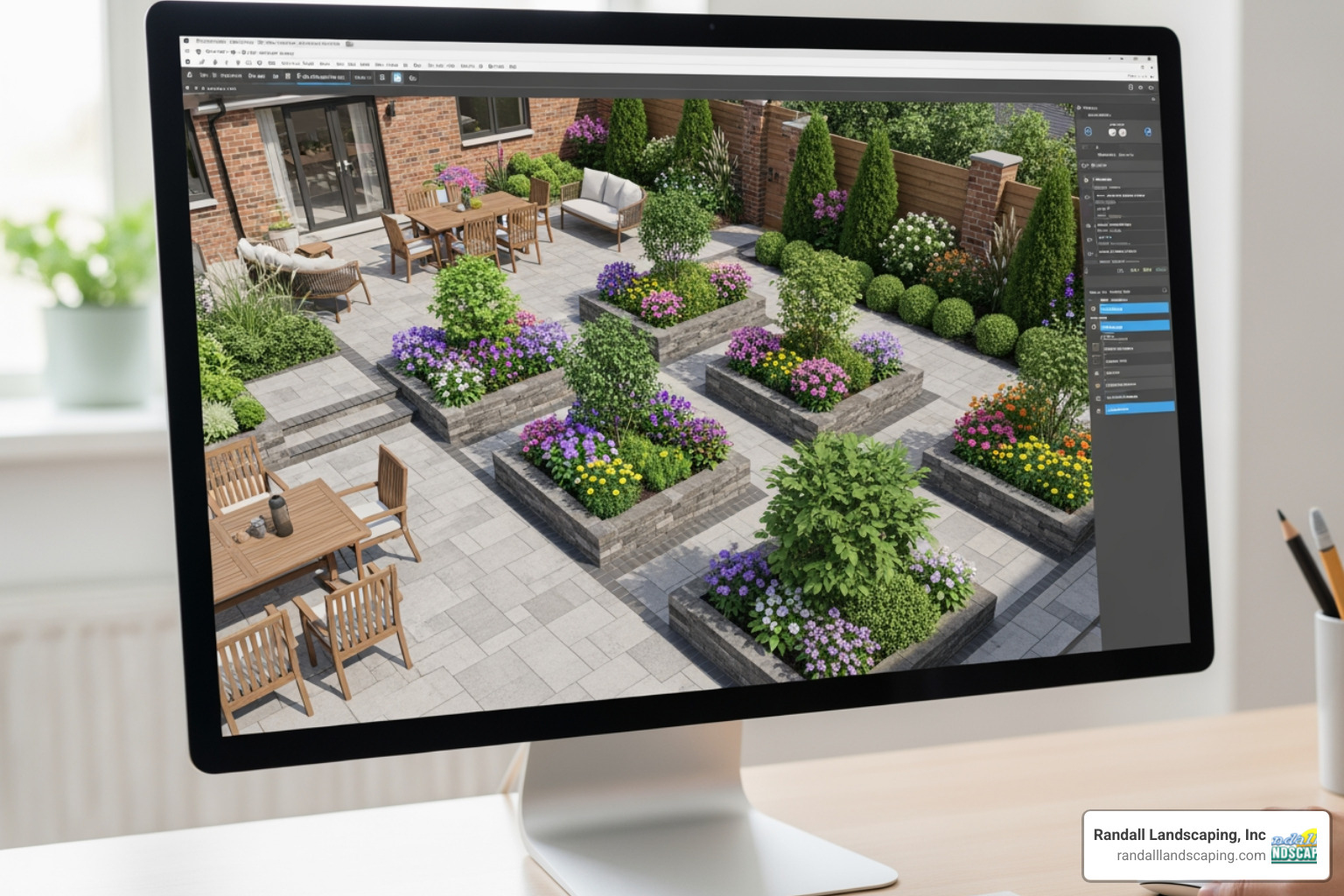 A computer screen displaying a detailed 3D landscape design rendering of a residential backyard, featuring a patio, garden beds, and various plant selections. - Georgetown MA landscape design A computer screen displaying a detailed 3D landscape design rendering of a residential backyard, featuring a patio, garden beds, and various plant selections. - Georgetown MA landscape design