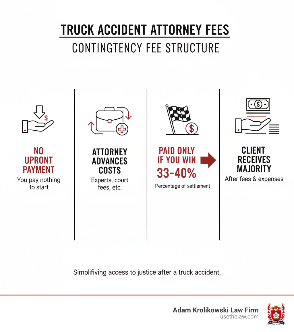 infographic showing contingency fee structure with no upfront payment, attorney advances case costs, percentage only paid if case wins, and client receives majority of settlement - Truck accident attorney fees infographic infographic showing contingency fee structure with no upfront payment, attorney advances case costs, percentage only paid if case wins, and client receives majority of settlement - Truck accident attorney fees infographic