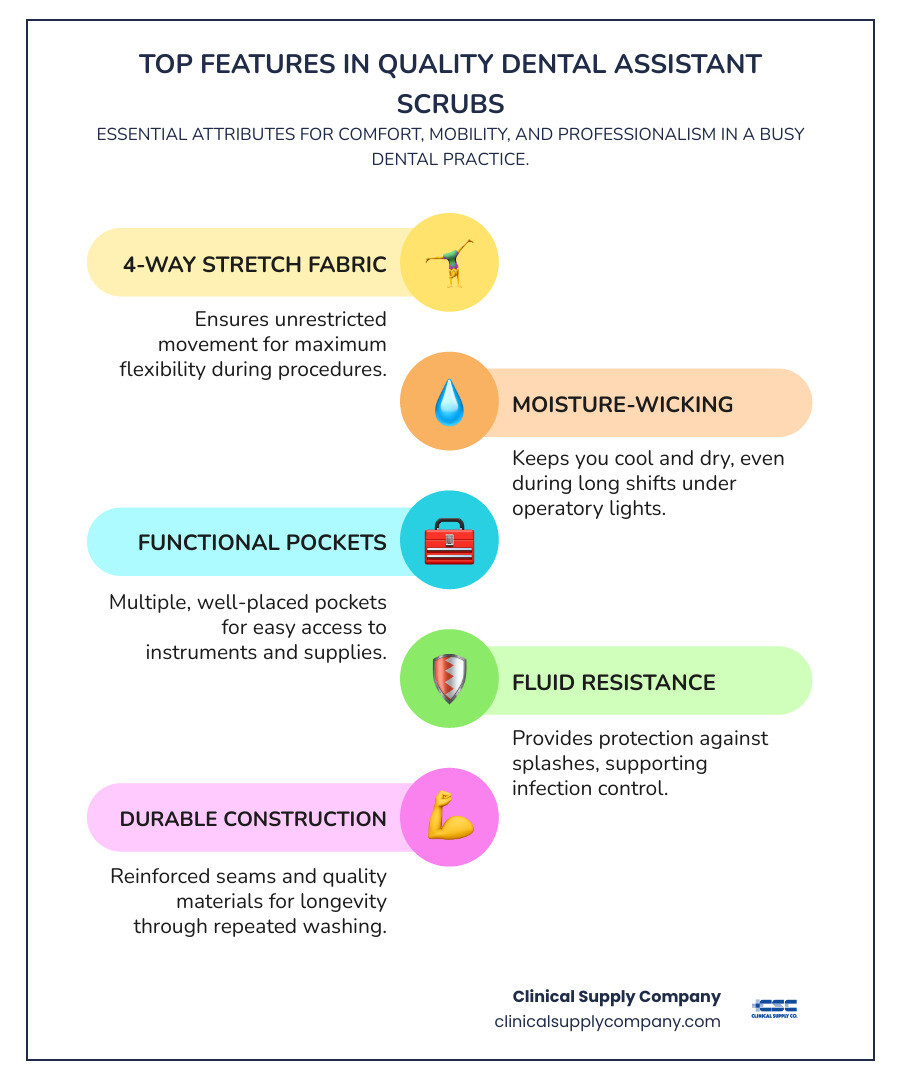 Infographic showing the top 5 features to look for in dental assistant scrubs: 4-way stretch fabric for maximum mobility, moisture-wicking properties to stay dry during long shifts, multiple functional pockets sized for dental instruments, fluid-resistant materials rated for clinical use, and reinforced seams and stitching for durability through hundreds of wash cycles - dental assistant scrubs infographic infographic-line-5-steps-colors