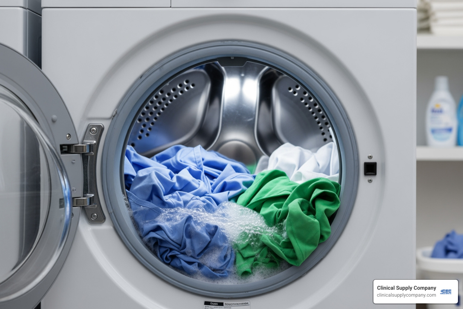 Scrubs being properly laundered in a modern washing machine. - dental assistant scrubs