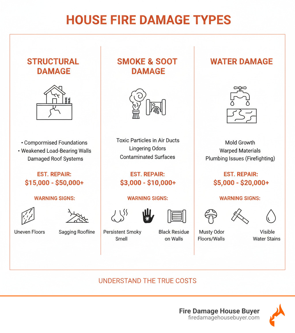 Infographic explaining the three main types of damage in a house fire - fire damaged homes for sale