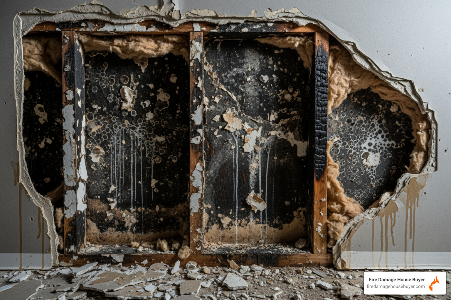 Hidden mold growth discovered behind a section of removed drywall, emphasizing unseen issues in fire-damaged homes. - fire damaged homes for sale