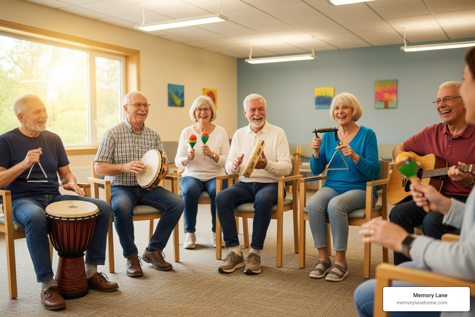 group of seniors participating in a music activity with instruments - music therapy dementia