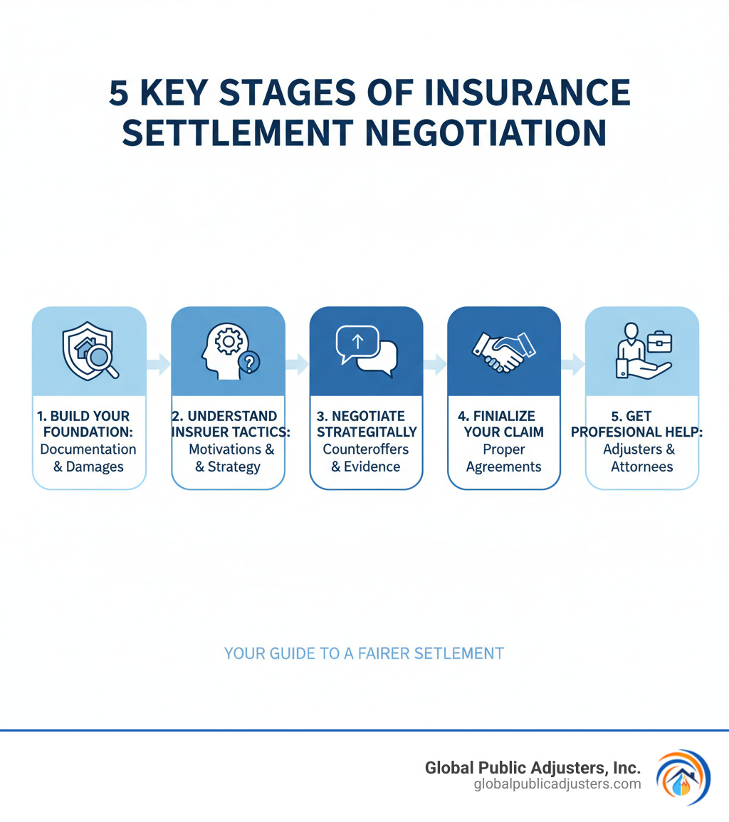 infographic showing the 5 key stages of insurance settlement negotiation: 1) Build Your Foundation with documentation and damage calculation, 2) Understand the Insurance Company's tactics and motivations, 3) Negotiate Strategically with counteroffers and evidence, 4) Finalize Your Claim with proper agreements, and 5) Know When to Get Professional Help from public adjusters or attorneys - how to negotiate a higher insurance settlement infographic 