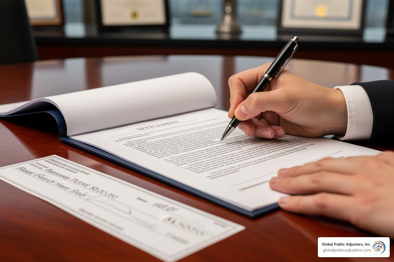 person signing document with check - how to negotiate a higher insurance settlement