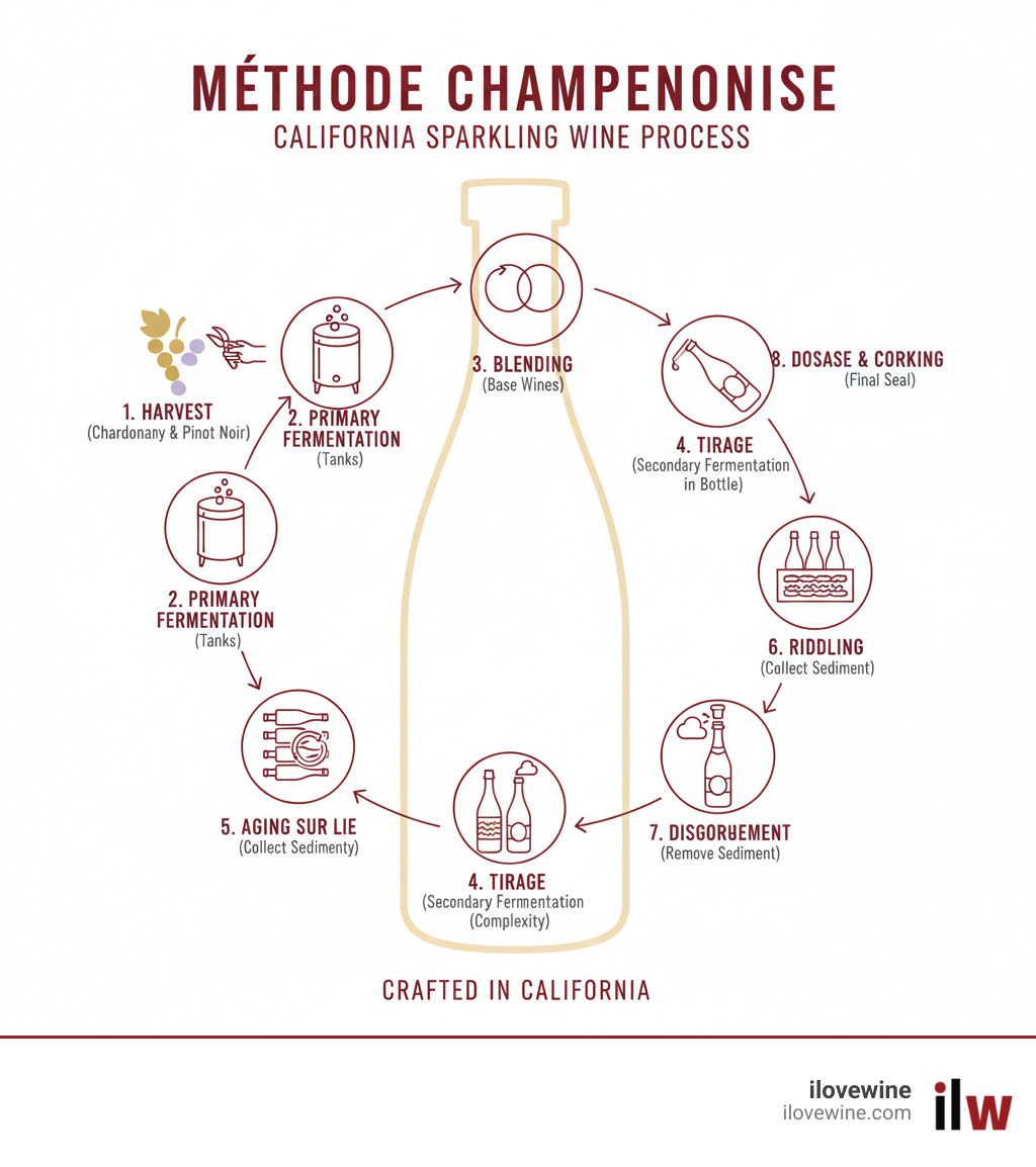 Infographic showing the méthode champenoise process: harvest of Chardonnay and Pinot Noir grapes, primary fermentation in tanks, blending of base wines, addition of liqueur de tirage for secondary fermentation in bottles, aging sur lie for complexity, riddling to collect sediment, disgorgement to remove sediment, addition of dosage, final corking and labeling - California sparkling wine infographic 