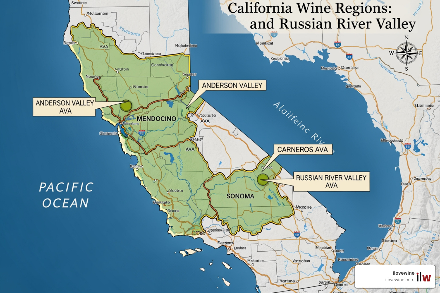 map highlighting key California sparkling wine regions such as Anderson Valley, Carneros, and Russian River Valley - California sparkling wine