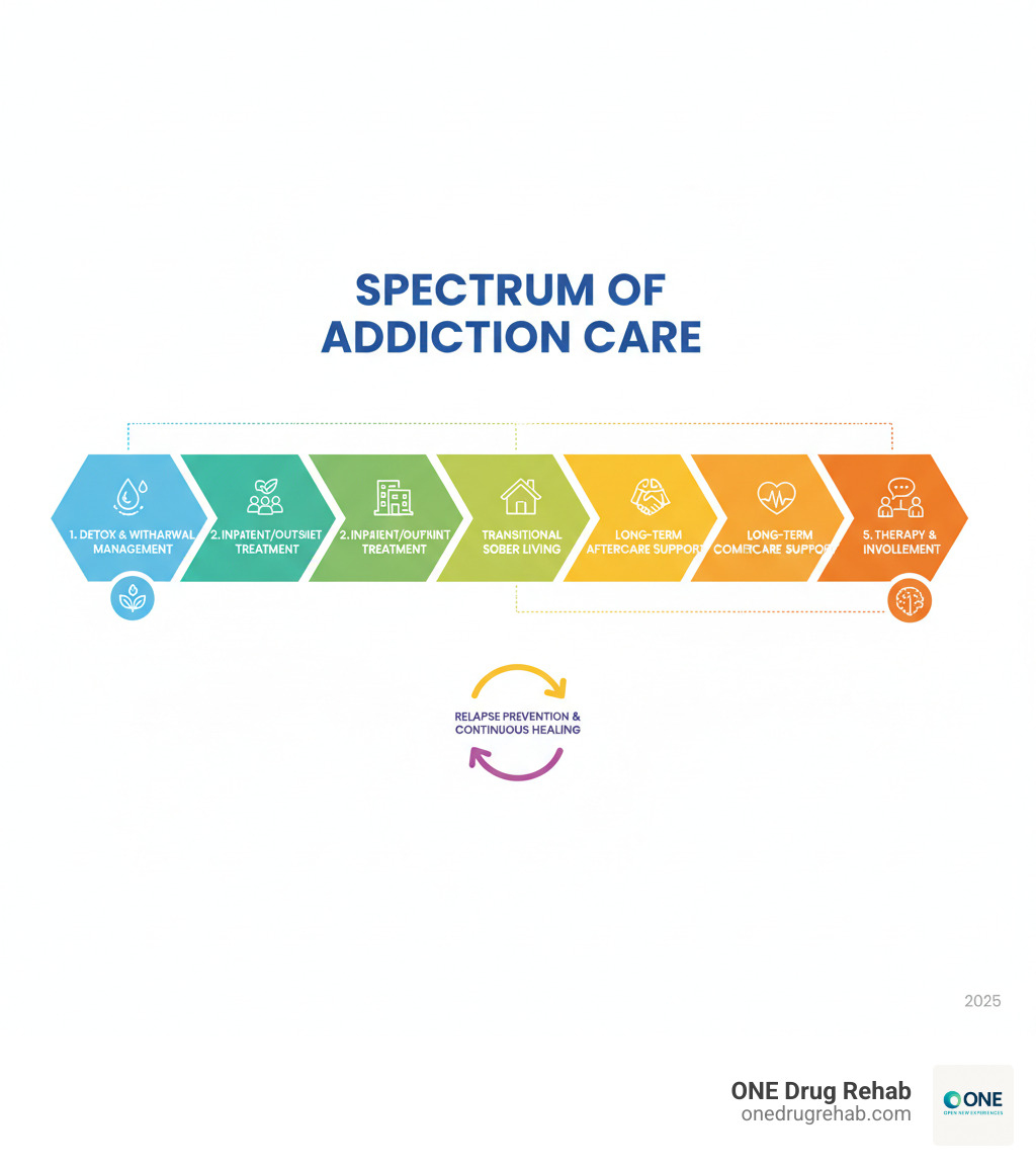infographic showing the spectrum of addiction care from initial detox through withdrawal management, inpatient or outpatient treatment, transitional sober living, and long-term aftercare support with therapy and community involvement - types of rehab infographic infographic showing the spectrum of addiction care from initial detox through withdrawal management, inpatient or outpatient treatment, transitional sober living, and long-term aftercare support with therapy and community involvement - types of rehab infographic