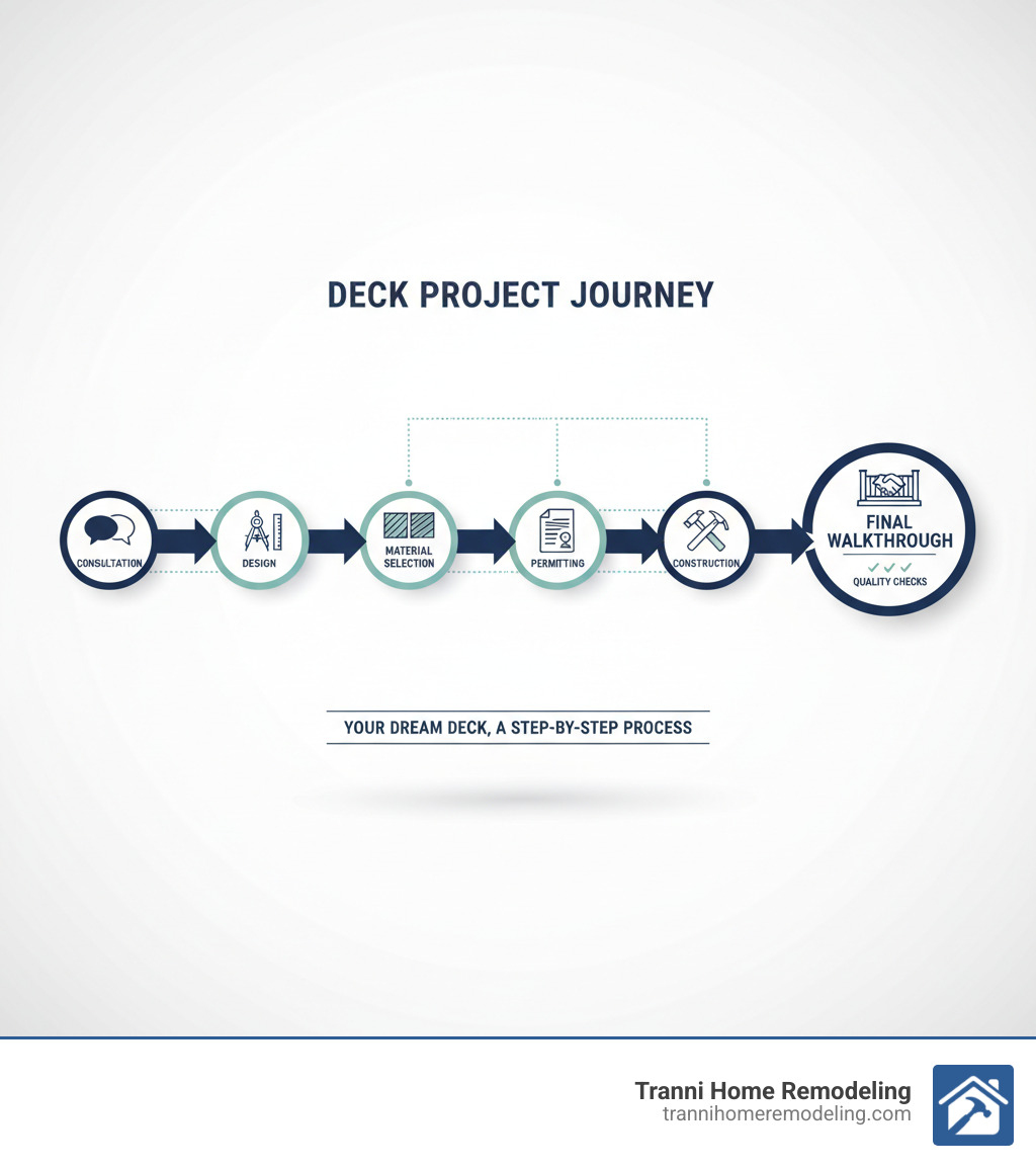 infographic showing deck project steps: consultation, design, material selection, permitting, construction, and final walkthrough with quality checkpoints - best deck building companies near me infographic 