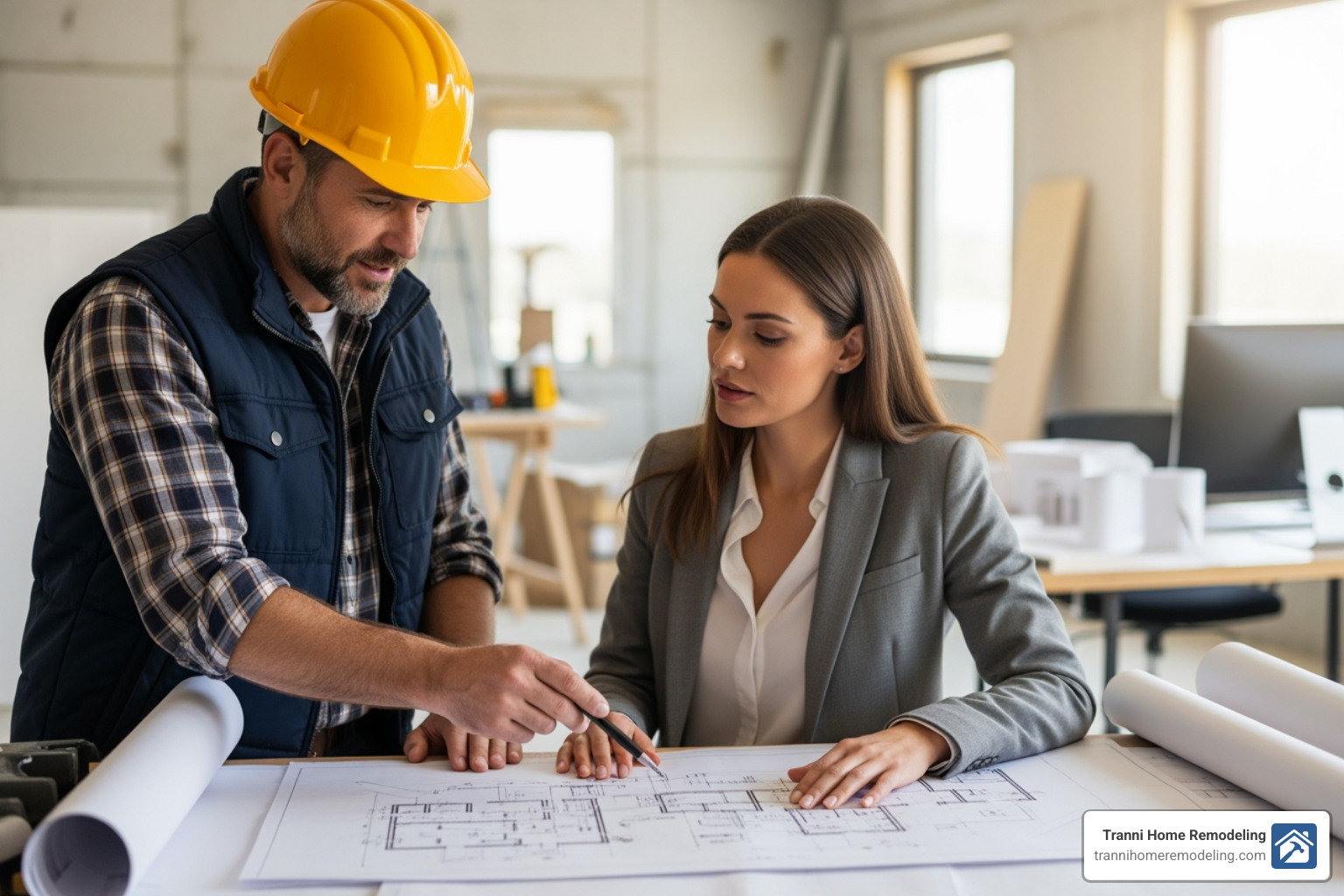 contractor and homeowner reviewing blueprints - best deck building companies near me