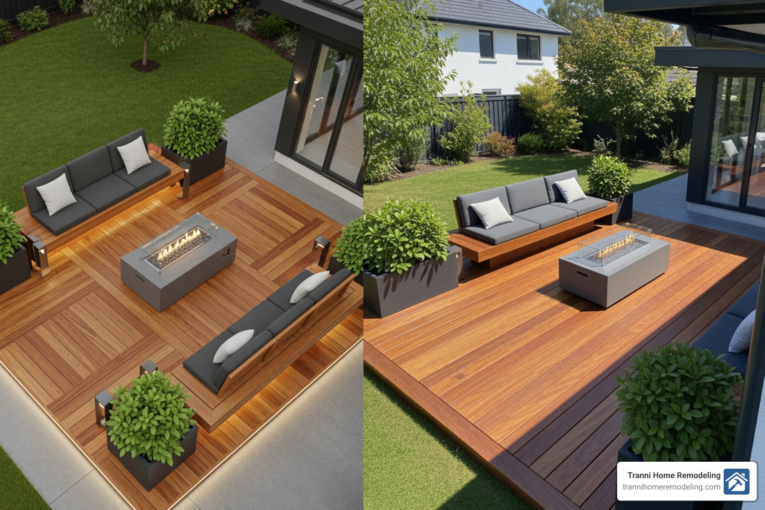 3D deck design rendering next to the completed physical deck - best deck building companies near me