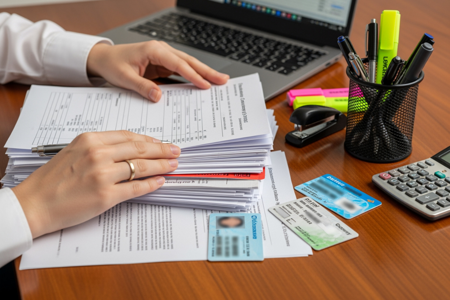 person organizing documents like pay stubs and ID cards at a desk - free rent assistance near me person organizing documents like pay stubs and ID cards at a desk - free rent assistance near me