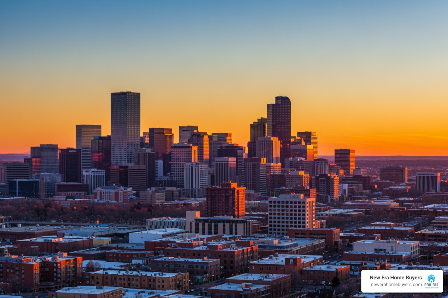 Denver skyline with Aurora in the foreground at sunset - how is the real estate market in Aurora, CO