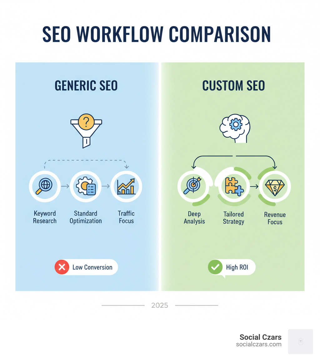 Infographic comparing generic SEO vs. custom SEO workflow - Custom SEO strategies infographic 