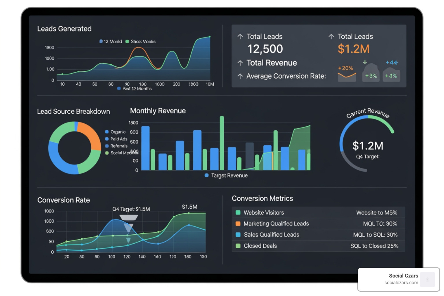 Dashboard showing business-centric metrics like leads and revenue - Custom SEO strategies