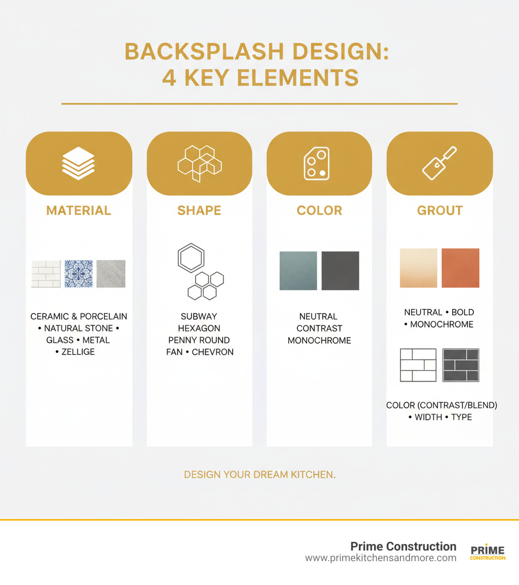 infographic explaining the 4 key elements of backsplash design: Material, Shape, Color, and Grout - most popular backsplash tile designs infographic 
