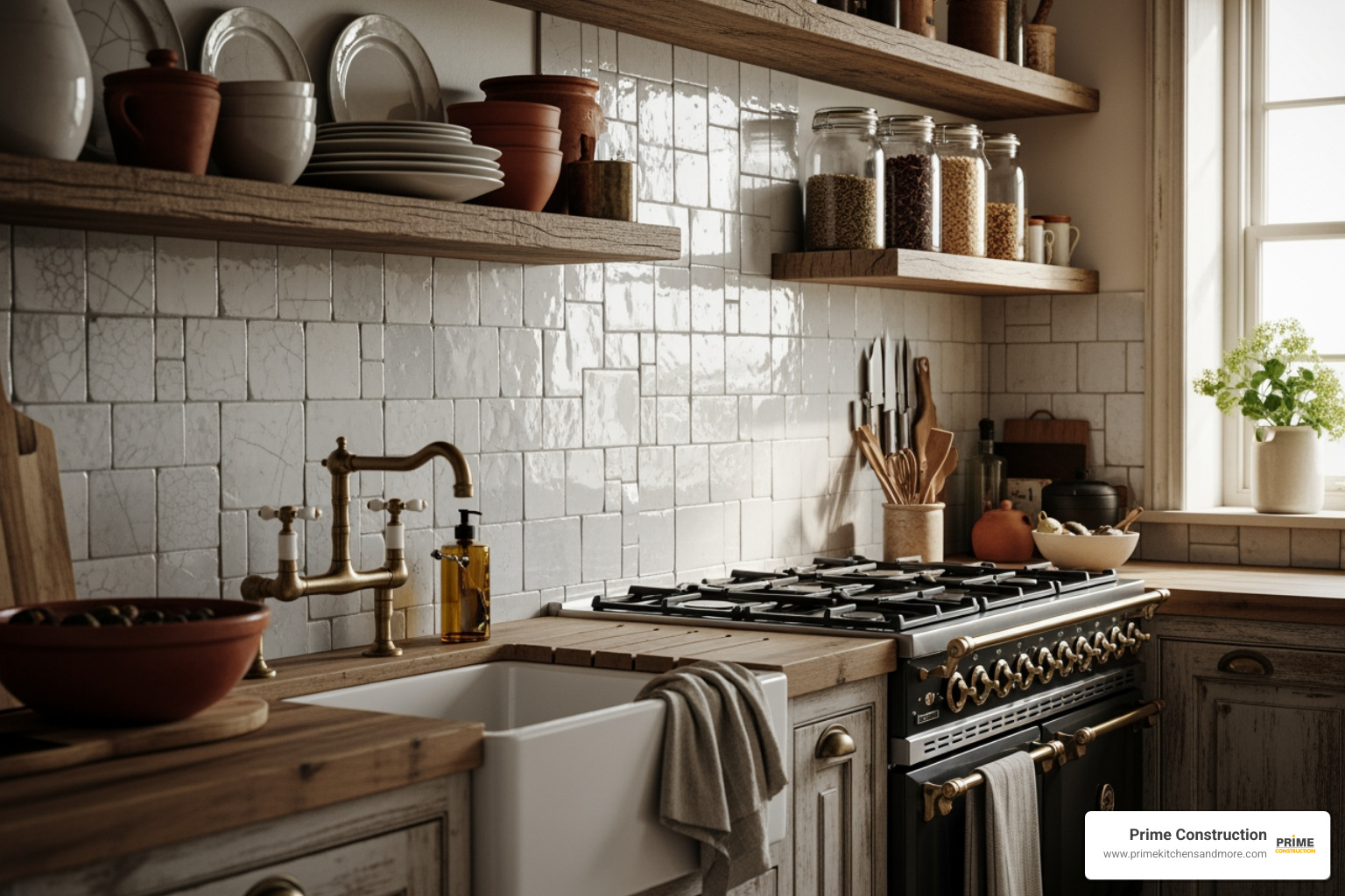 rustic kitchen with imperfect, glossy Zellige-style tiles - most popular backsplash tile designs
