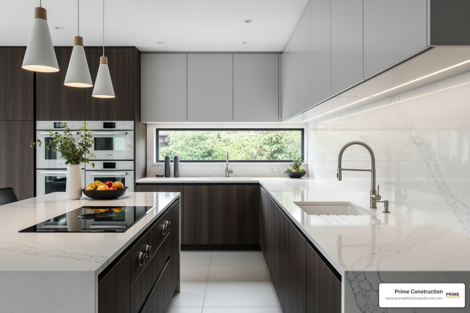 luxurious kitchen with a quartz slab backsplash matching the countertops - most popular backsplash tile designs
