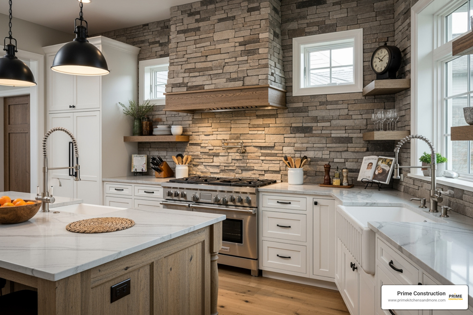 modern farmhouse kitchen with a stacked stone backsplash behind the range - most popular backsplash tile designs