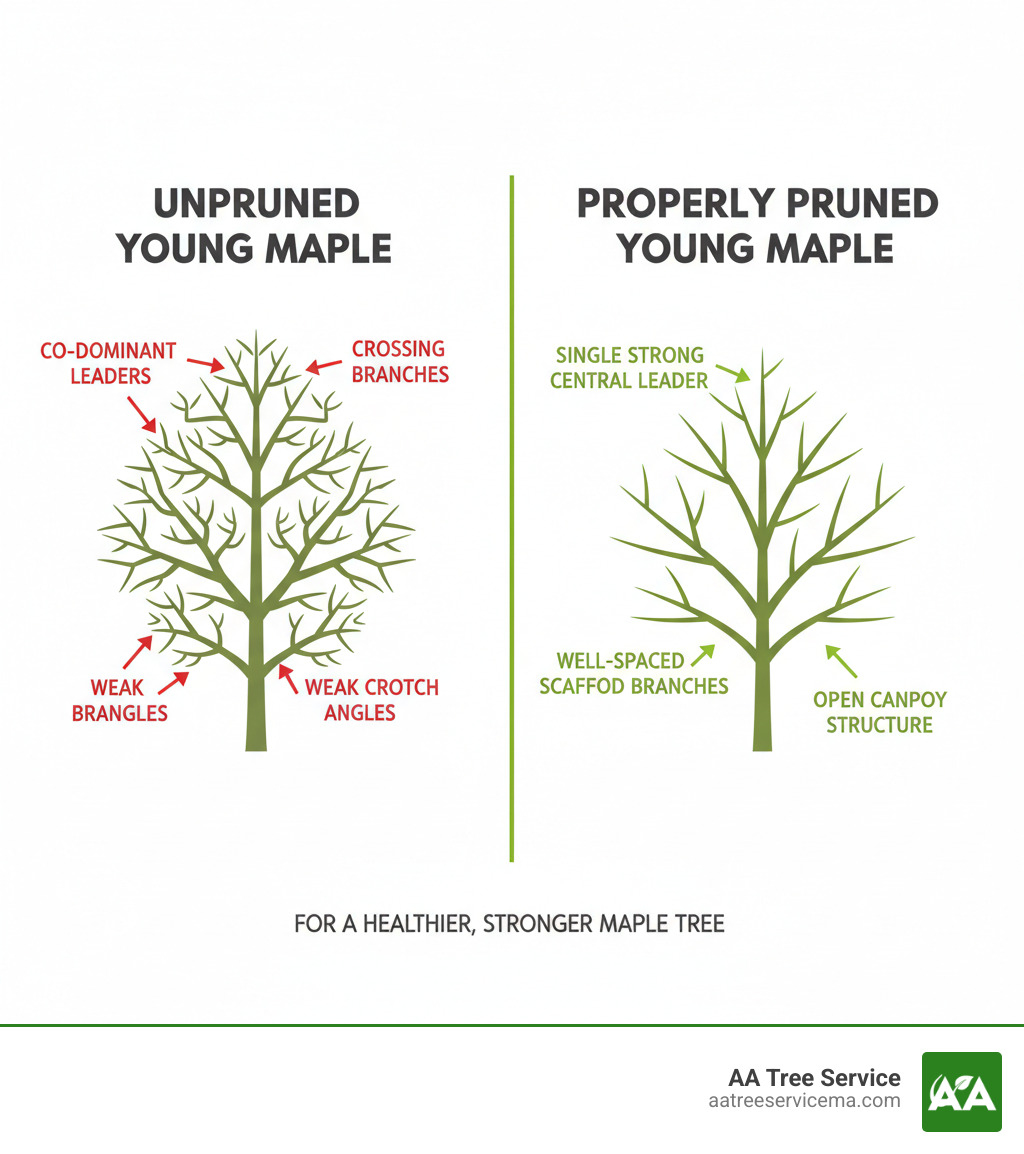 infographic showing side-by-side comparison of an unpruned young maple with crossing branches, co-dominant leaders, and weak crotch angles versus a properly pruned young maple with a single strong central leader, well-spaced scaffold branches at wide angles, and an open canopy structure - pruning young maple trees infographic infographic showing side-by-side comparison of an unpruned young maple with crossing branches, co-dominant leaders, and weak crotch angles versus a properly pruned young maple with a single strong central leader, well-spaced scaffold branches at wide angles, and an open canopy structure - pruning young maple trees infographic