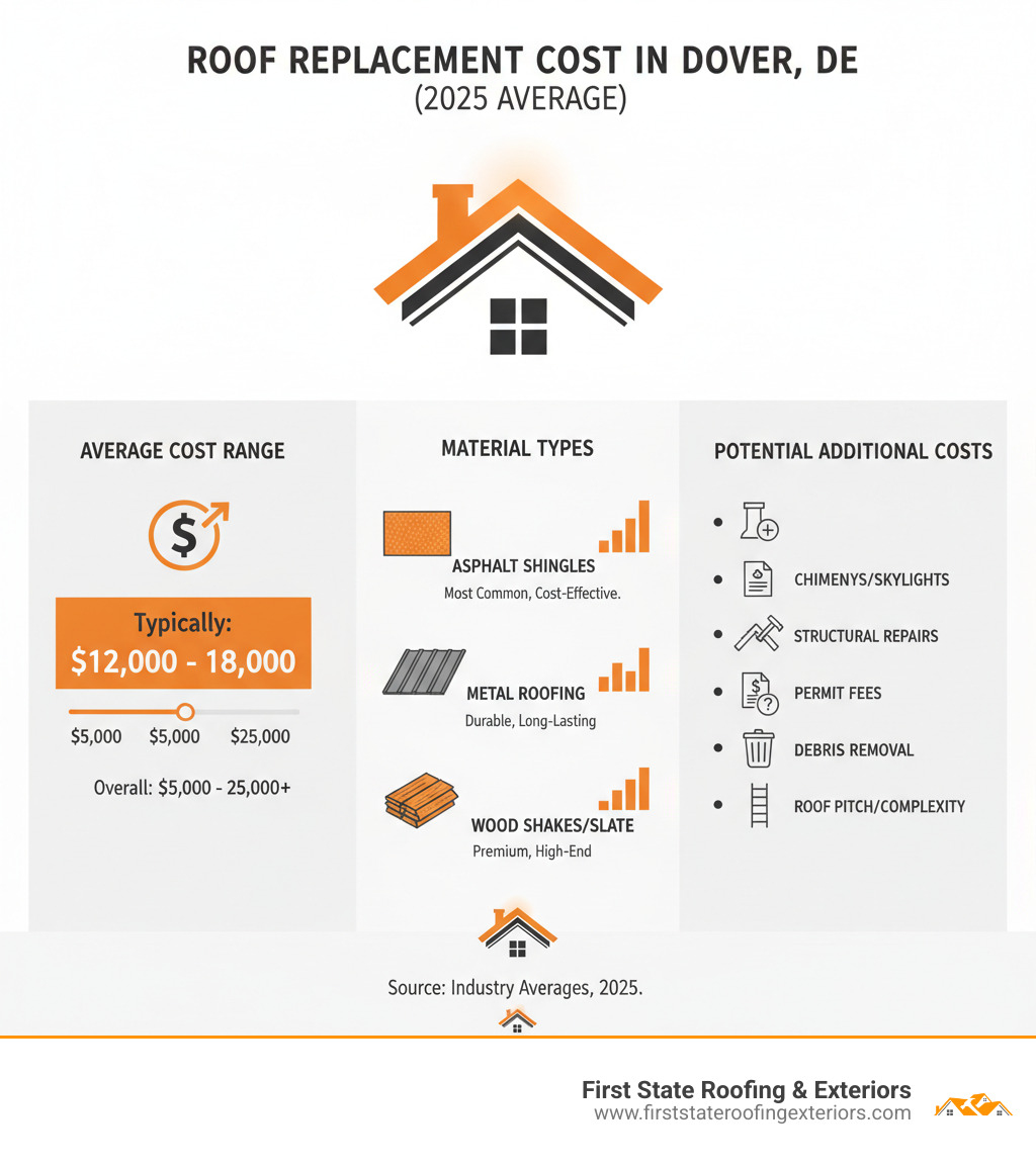 infographic detailing the average cost of a roof replacement in Dover, DE, including material types and potential additional costs - roofing Dover infographic 