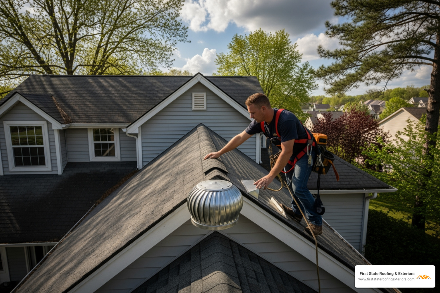 roofer using a safety harness and inspecting a roof's ventilation system - roofing Dover