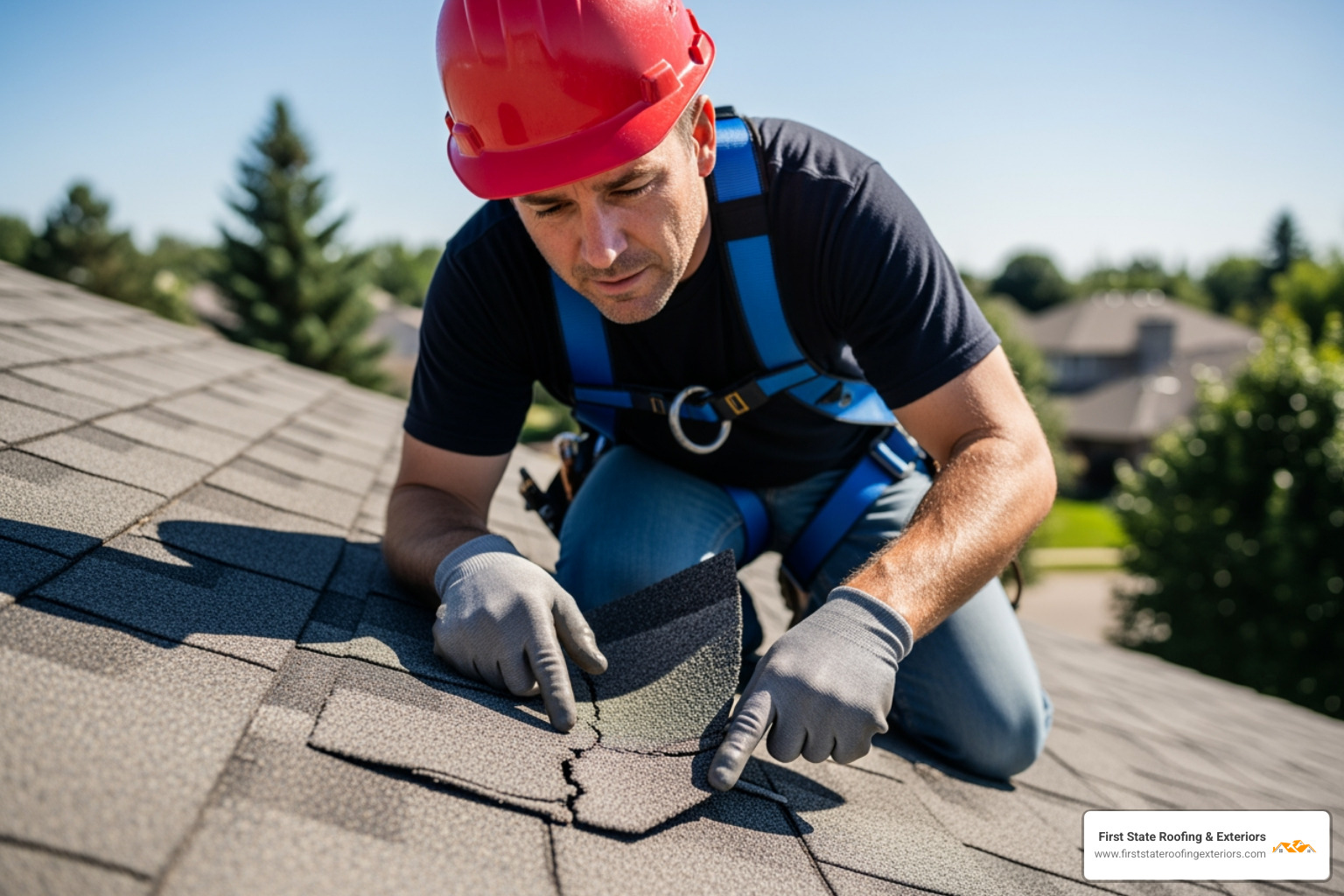 roofer inspecting a damaged shingle up close using a safety harness - roofing Dover