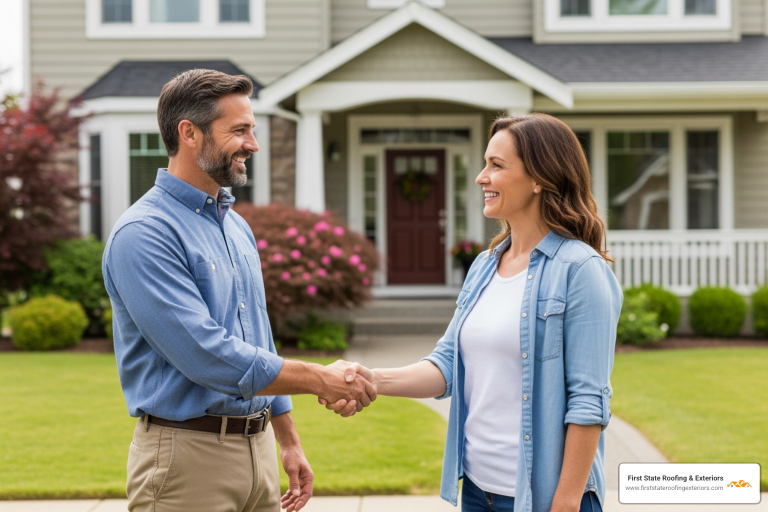 friendly contractor shaking hands with a homeowner, both smiling - roofing Dover