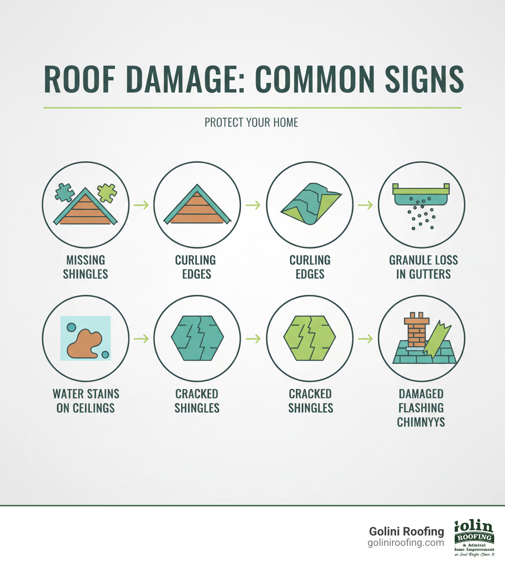 infographic showing common signs of roof damage including missing shingles, curling edges, granule loss in gutters, water stains on ceilings, cracked shingles, and damaged flashing around chimneys - Shingle repair services infographic infographic showing common signs of roof damage including missing shingles, curling edges, granule loss in gutters, water stains on ceilings, cracked shingles, and damaged flashing around chimneys - Shingle repair services infographic