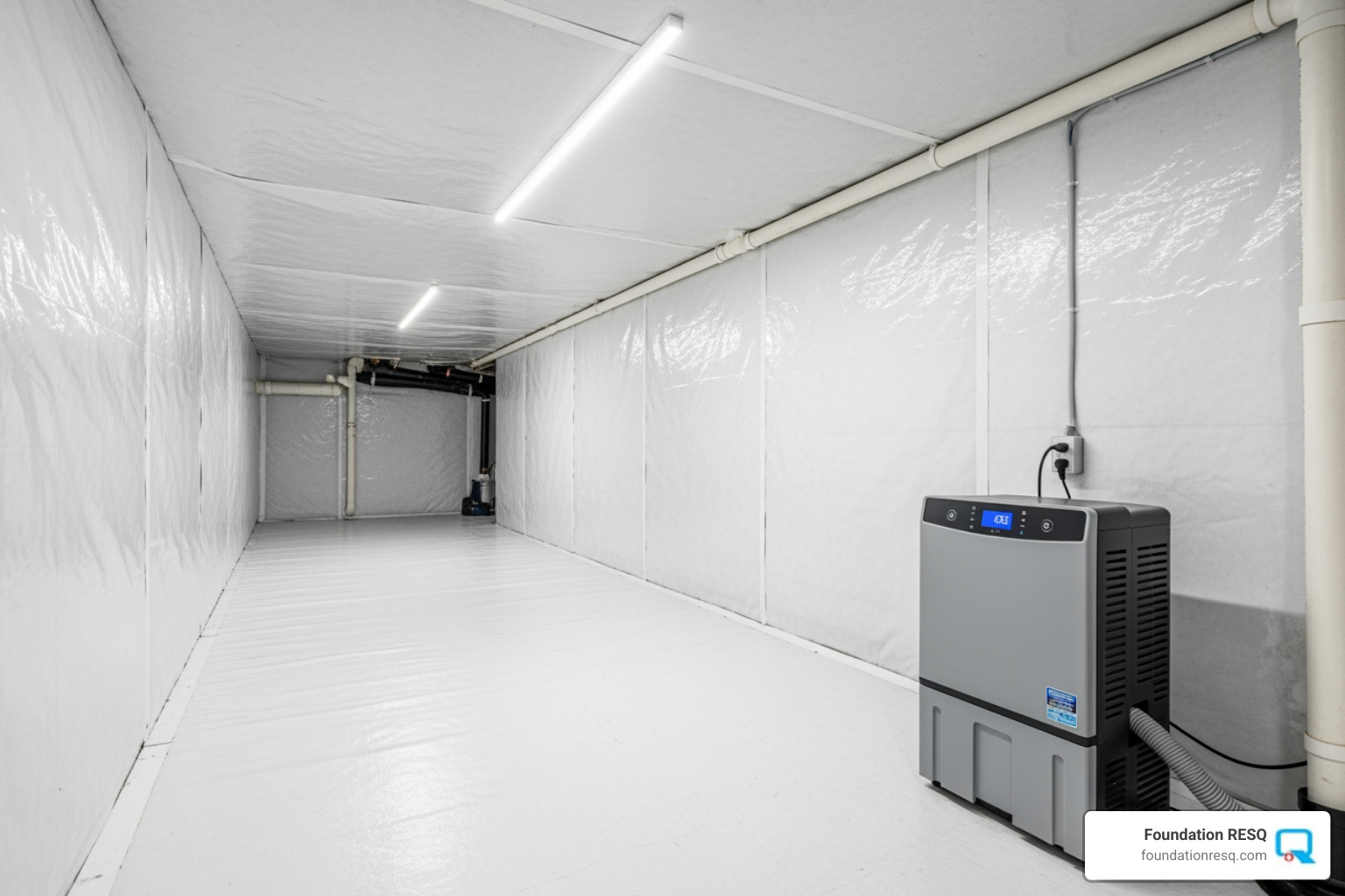 fully encapsulated crawl space with a dehumidifier installed - crawl space odor removal