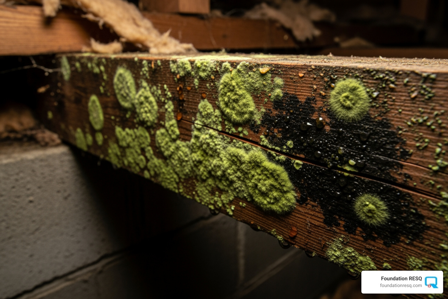 mold growing on a wooden joist in a crawl space - crawl space odor removal