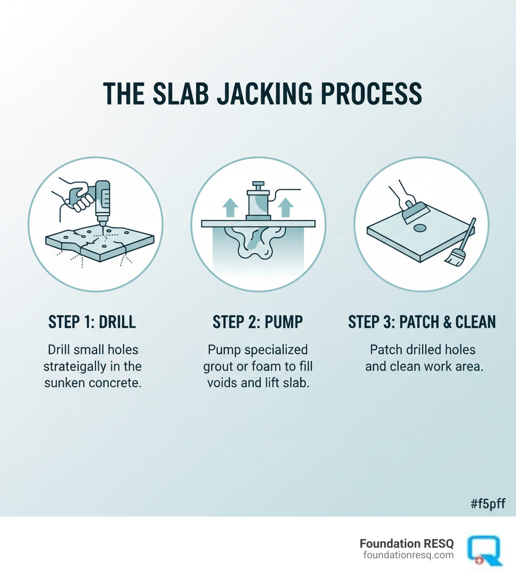 Infographic showing the three-step slab jacking process: Step 1 - Drill small holes strategically in the sunken concrete slab; Step 2 - Pump specialized grout or foam material through the holes to fill voids and lift the slab; Step 3 - Patch the drilled holes with concrete and clean the work area - slab jackers infographic Infographic showing the three-step slab jacking process: Step 1 - Drill small holes strategically in the sunken concrete slab; Step 2 - Pump specialized grout or foam material through the holes to fill voids and lift the slab; Step 3 - Patch the drilled holes with concrete and clean the work area - slab jackers infographic
