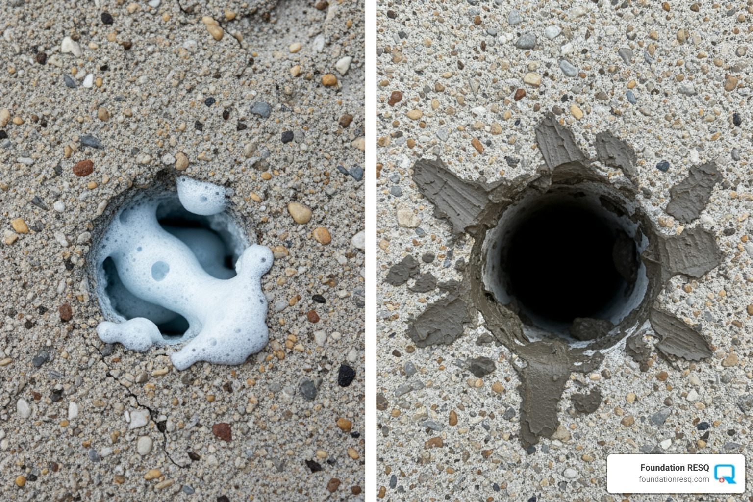 Comparison of a small 5/8-inch foam injection hole to a larger 2-inch mudjacking hole - slab jackers Comparison of a small 5/8-inch foam injection hole to a larger 2-inch mudjacking hole - slab jackers