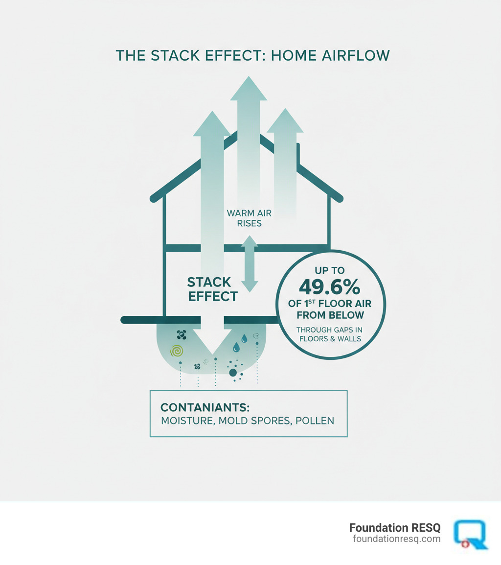 Infographic showing the Stack Effect: how warm air rises through your home, creating negative pressure that pulls air upward from the crawl space through gaps in flooring and walls - with up to 49.6% of first-floor air originating from below, carrying moisture, mold spores, and other contaminants into living spaces - crawl space mold inspection tallahassee infographic 