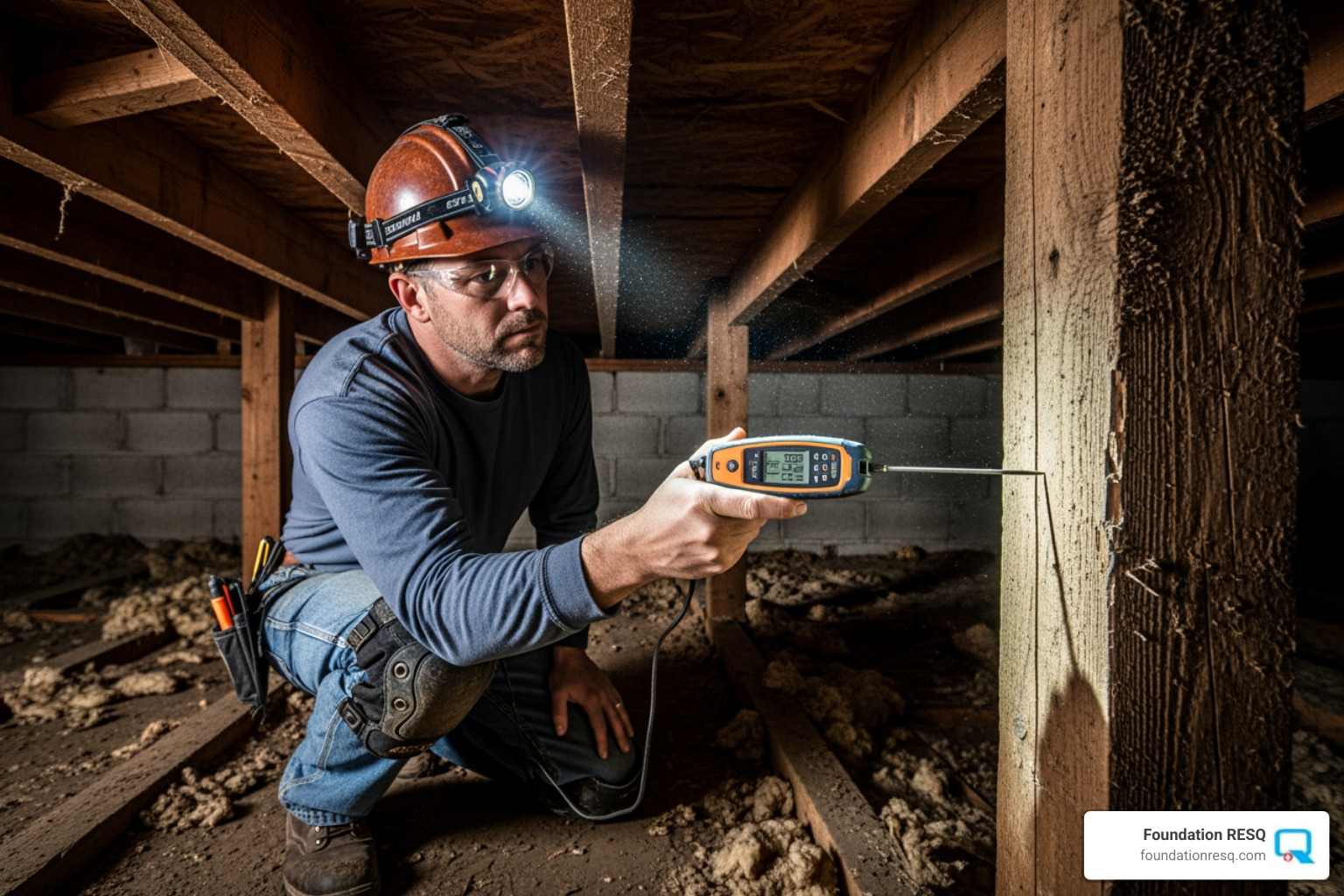 Professional using a moisture meter in a crawl space - crawl space mold inspection tallahassee