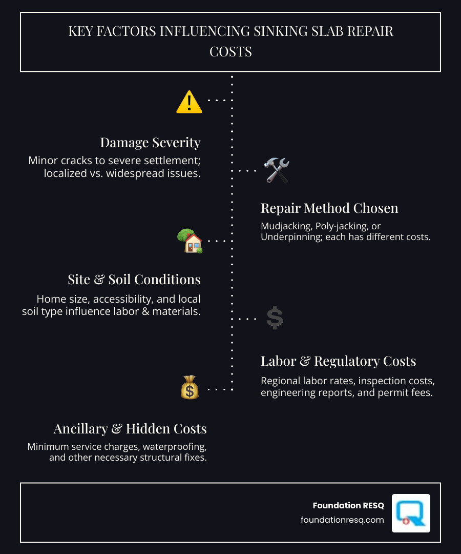 Infographic showing the main cost factors for sinking slab repair: severity of damage, repair method chosen, home size and accessibility, soil conditions, labor rates by region, permits and inspections, and additional repairs like waterproofing - sinking slab repair cost infographic infographic-line-5-steps-dark Infographic showing the main cost factors for sinking slab repair: severity of damage, repair method chosen, home size and accessibility, soil conditions, labor rates by region, permits and inspections, and additional repairs like waterproofing - sinking slab repair cost infographic infographic-line-5-steps-dark