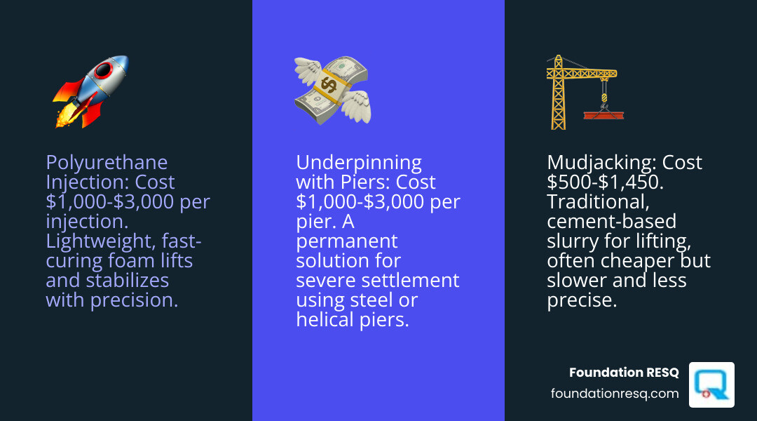Table comparing Mudjacking, Polyurethane Injection, and Underpinning - sinking slab repair cost infographic 3_facts_emoji_blue Table comparing Mudjacking, Polyurethane Injection, and Underpinning - sinking slab repair cost infographic 3_facts_emoji_blue