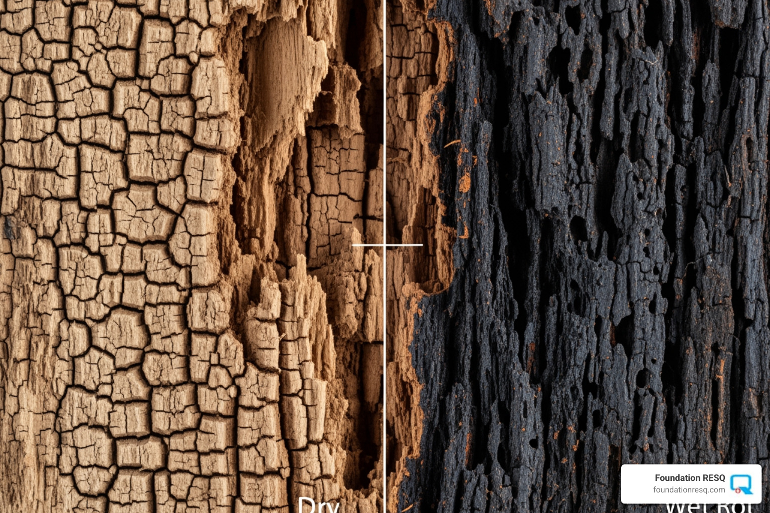 Comparison of dry rot (cubical cracking) and wet rot (dark, spongy texture) - Wood rot repair