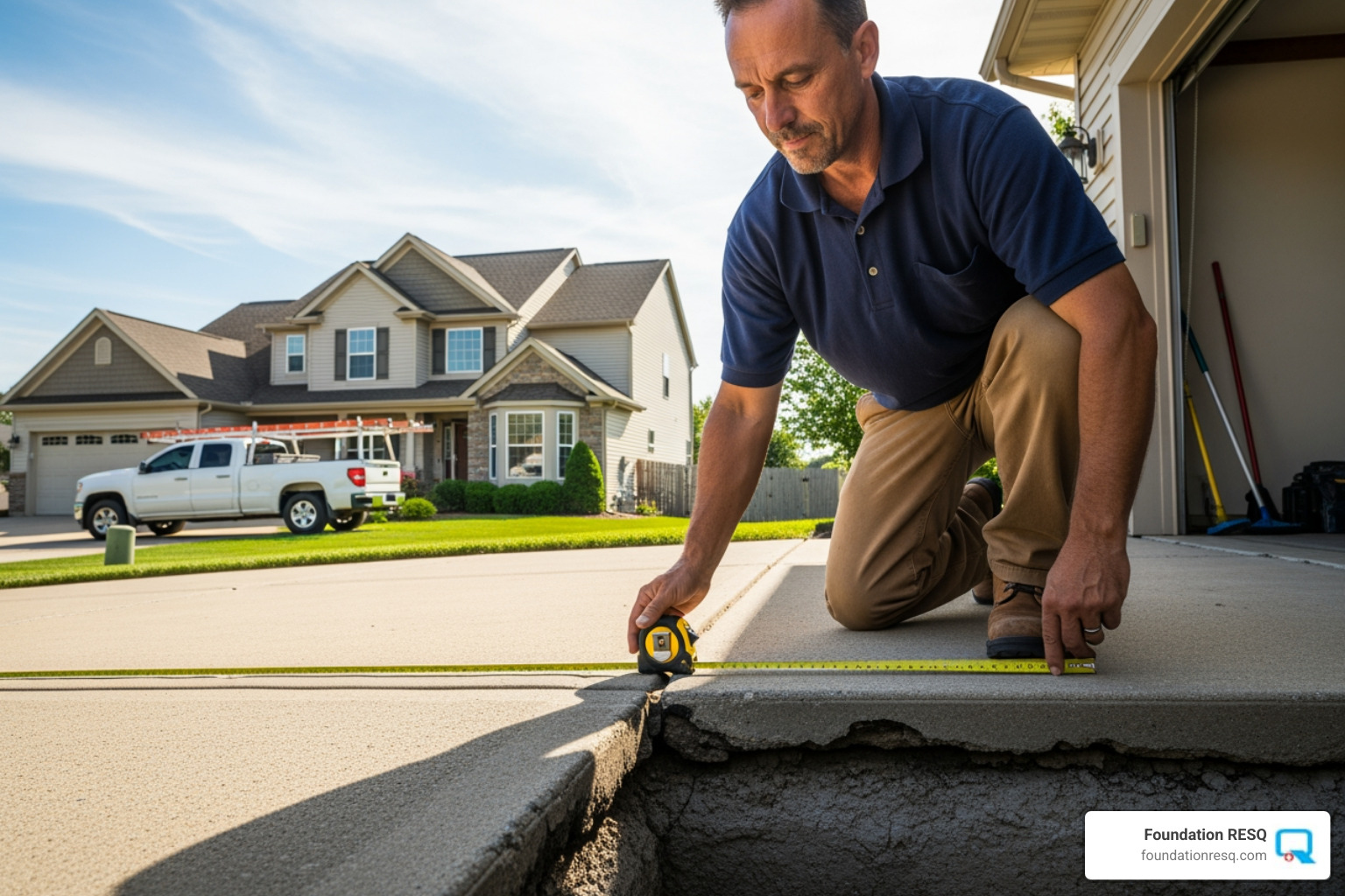 contractor measuring sunken driveway - sinking slab repair cost contractor measuring sunken driveway - sinking slab repair cost