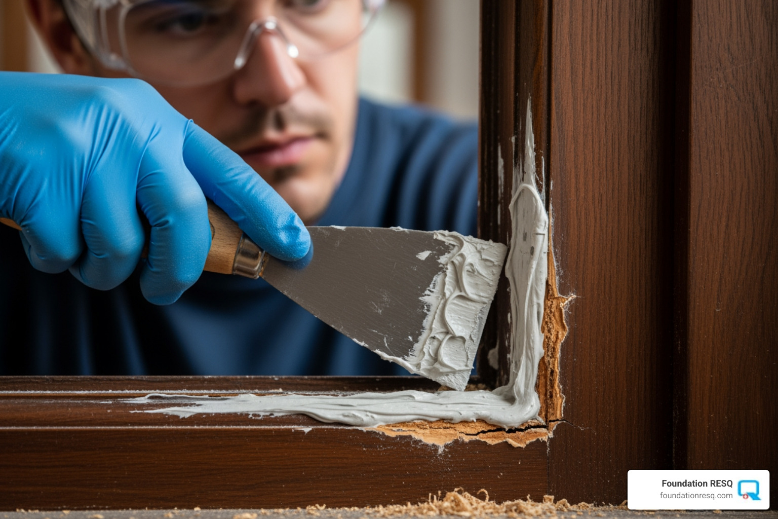 A person wearing gloves and safety glasses applying epoxy filler to a damaged wood frame with a putty knife - Wood rot repair