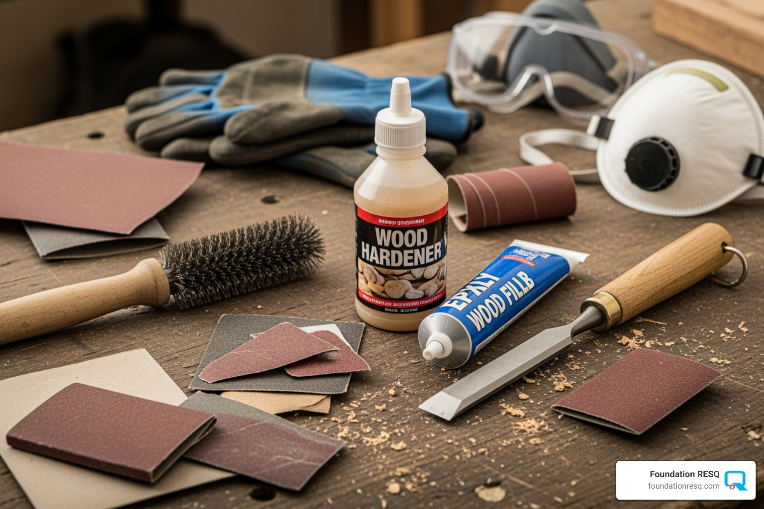 Tools and materials needed for wood rot repair, including chisel, wire brush, wood hardener, epoxy filler, sandpaper, gloves, goggles, respirator - Wood rot repair