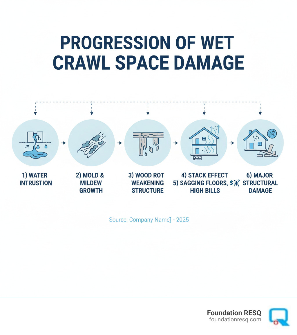 Infographic showing the progression of wet crawl space damage: 1) Water intrusion from ground or foundation cracks, 2) Mold and mildew growth on wood surfaces, 3) Wood rot weakening floor joists and support columns, 4) Stack effect carrying contaminated air into living spaces, 5) Sagging floors, pest infestations, and high utility bills, 6) Structural damage requiring major repairs - wet crawl space repair infographic 