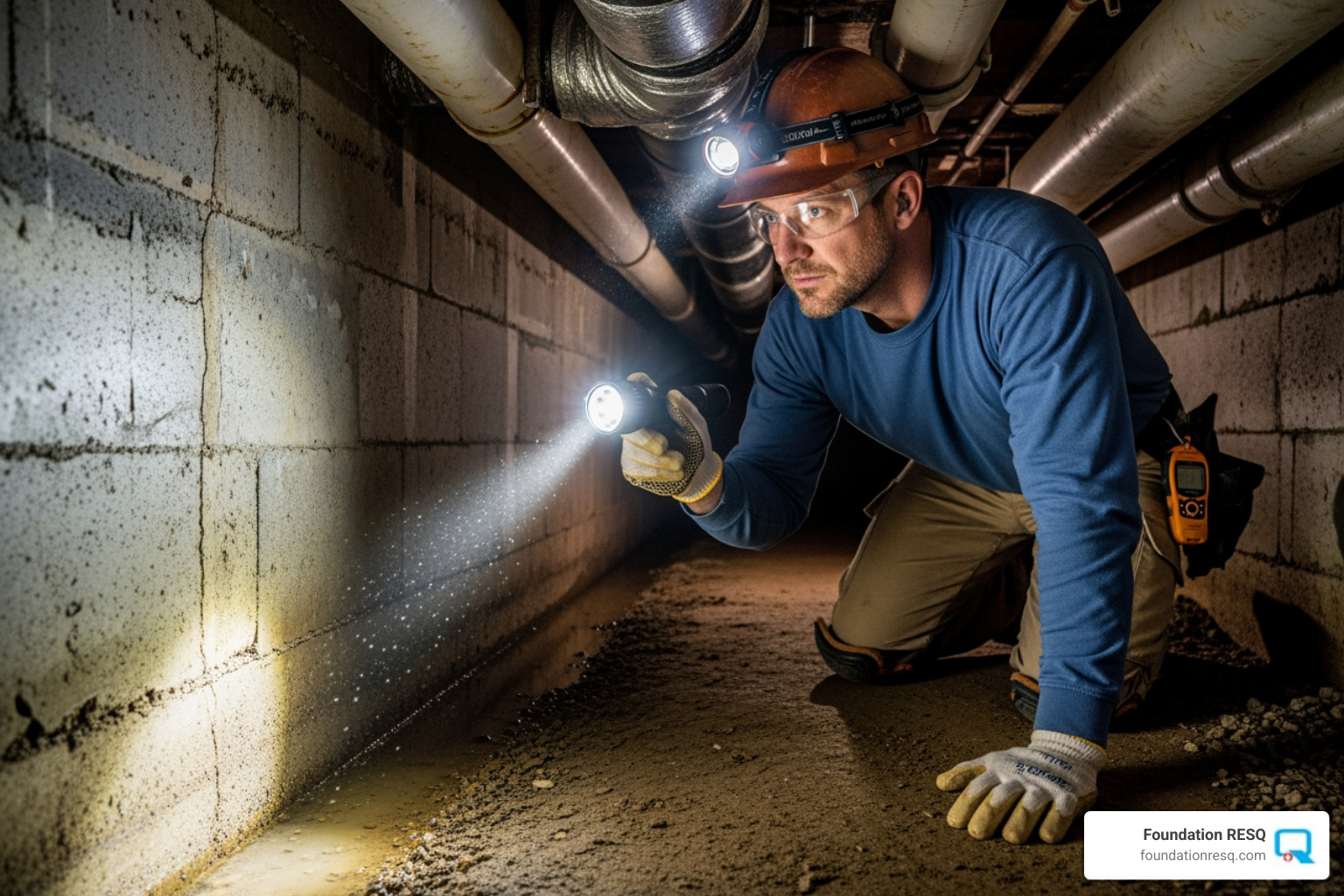 Professional inspecting crawl space - crawl space water damage