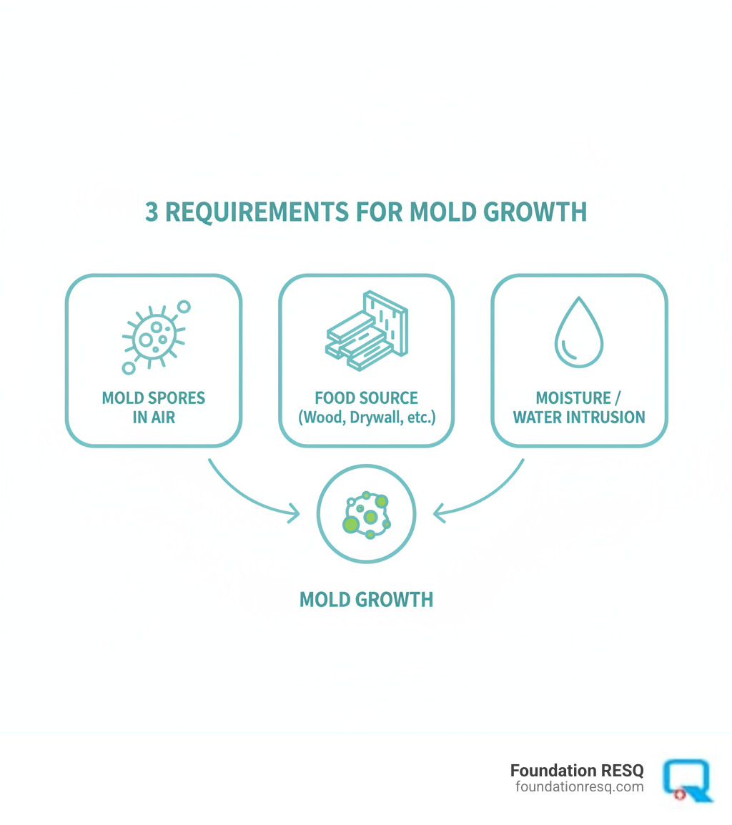 infographic showing three requirements for mold growth: mold spores present in the air, a food source like wood or drywall, and moisture or water intrusion - mold inspection company infographic 