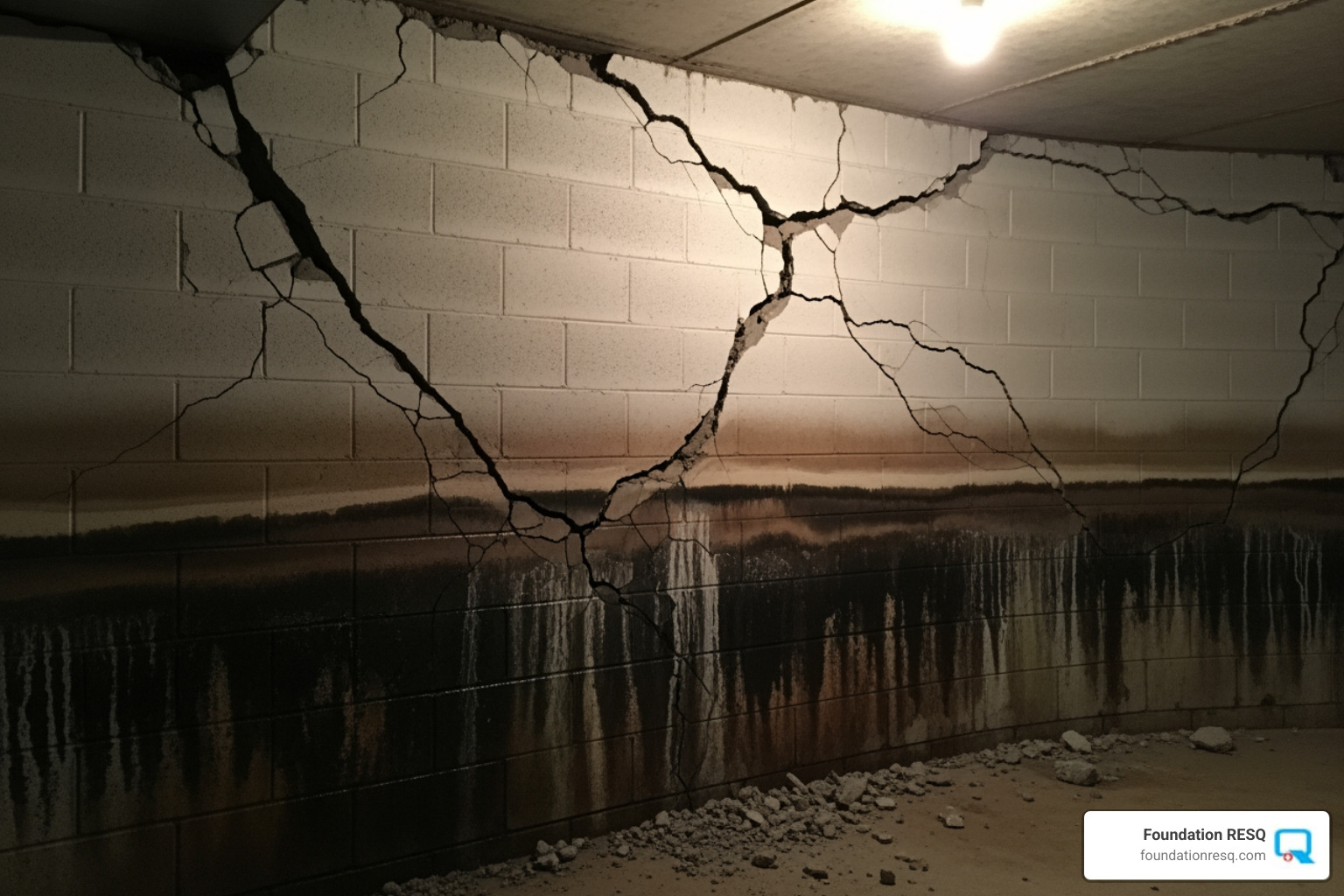 A bowing basement wall showing cracks and structural stress - foundation repair contractors